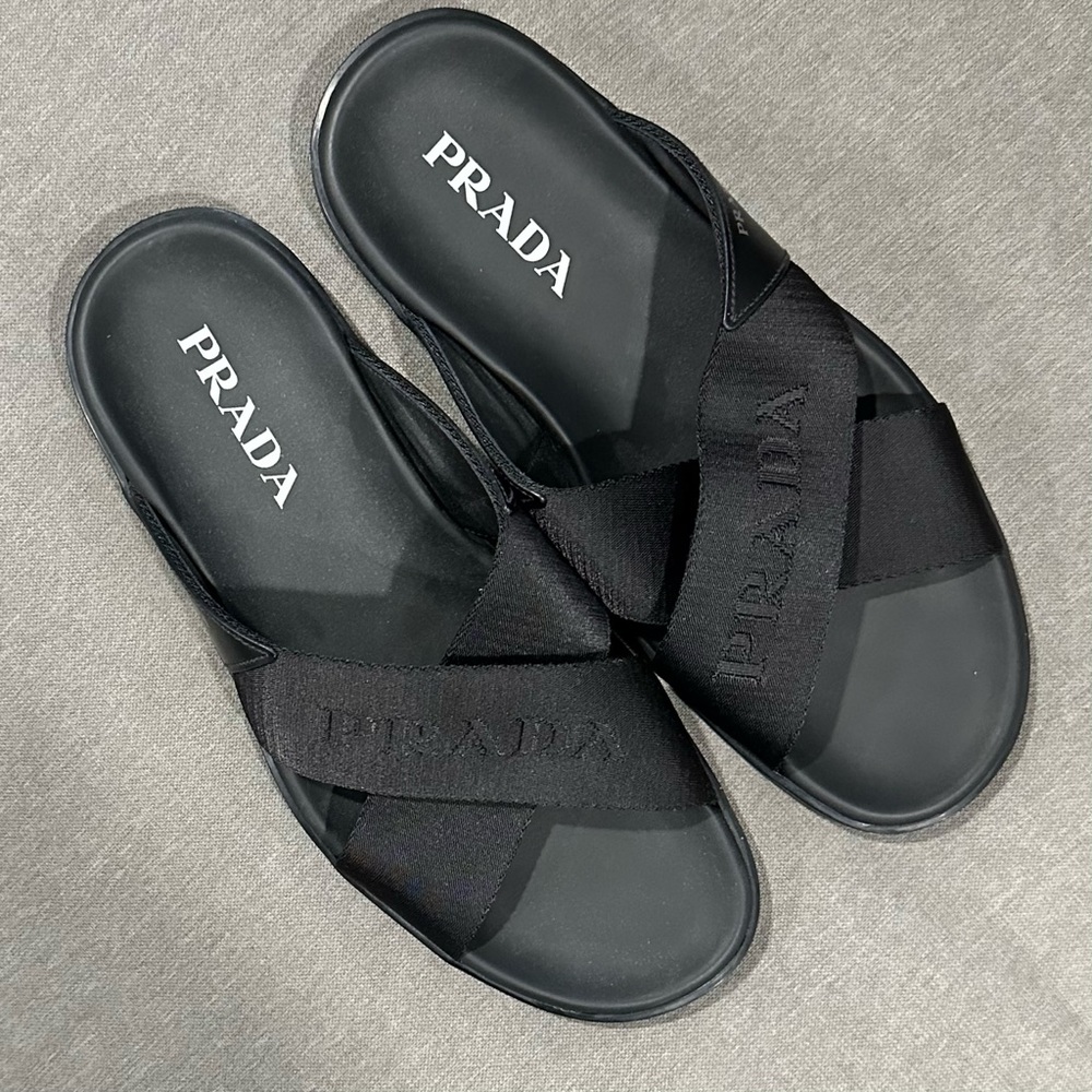 Prada Men's Nastro Web Logo Slides Sandals